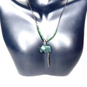 Liquid Silver Necklace Jade Fetish Bear Feather Pendant Sterling 925